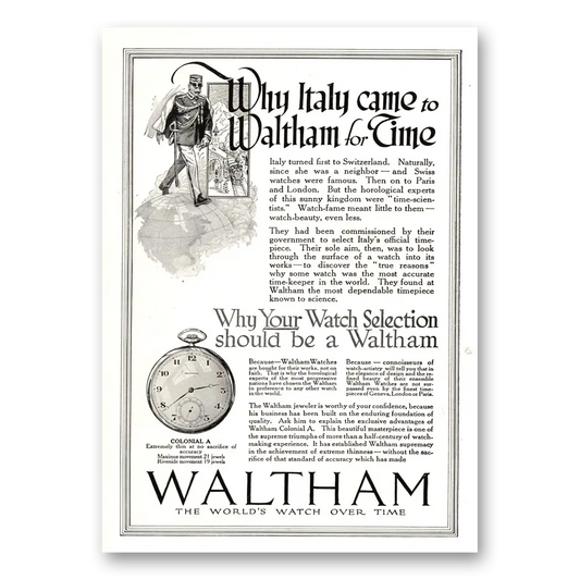 1918 Waltham Watch Italy Came to Waltham for Time Vintage Magazine Print Ad