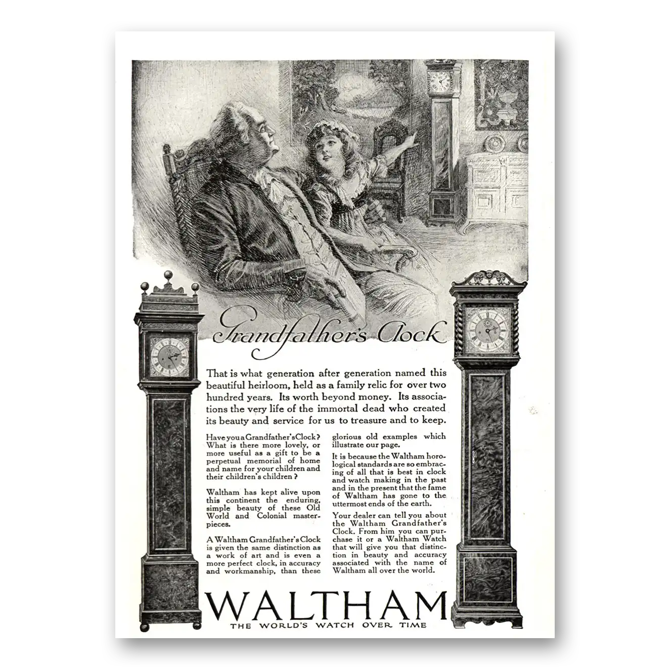 1918 Waltham Clocks Grandfathers Clock Generation After Generation Vintage Magazine Print Ad