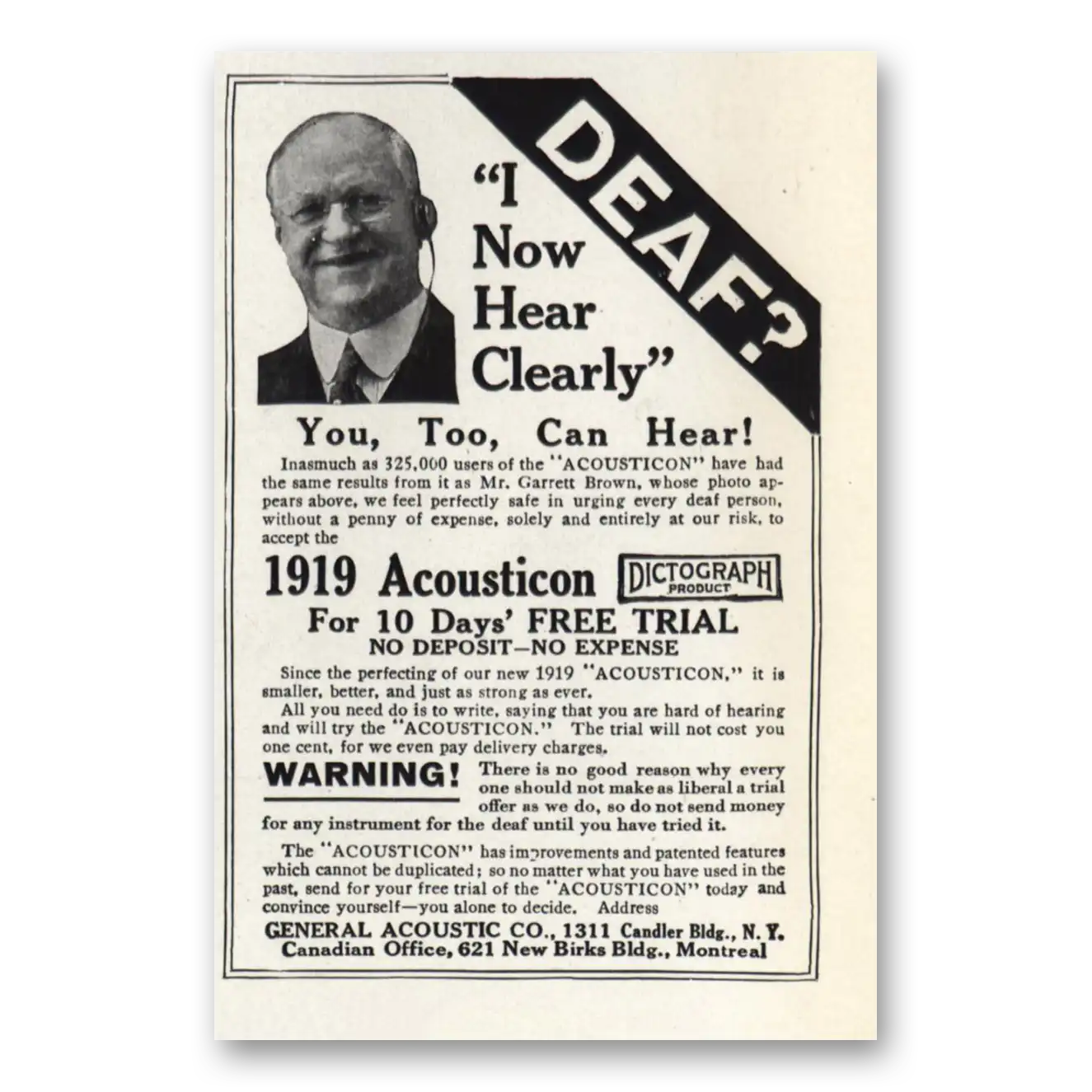 1919 Acousticon Hearing Aid I Now Hear Clearly Vintage Magazine Print Ad