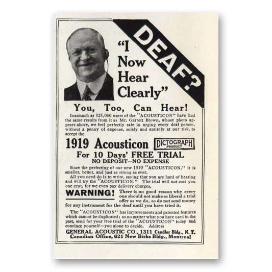 1919 Acousticon Hearing Aid I Now Hear Clearly Vintage Magazine Print Ad