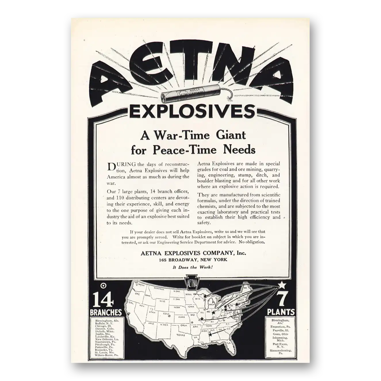 1919 Aetna Explosives War Time Giant Peace Time Needs Vintage Magazine Print Ad