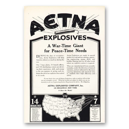 1919 Aetna Explosives War Time Giant Peace Time Needs Vintage Magazine Print Ad