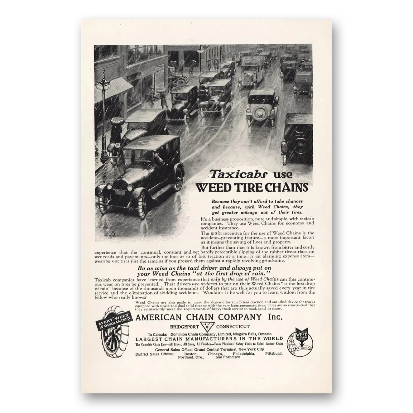 1919 American Chain Company Taxicabs Use Weed Tire Chains Vintage Magazine Print Ad