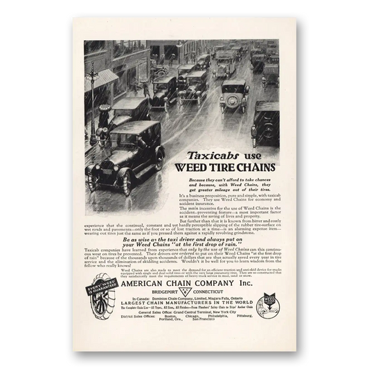 1919 American Chain Company Taxicabs Use Weed Tire Chains Vintage Magazine Print Ad