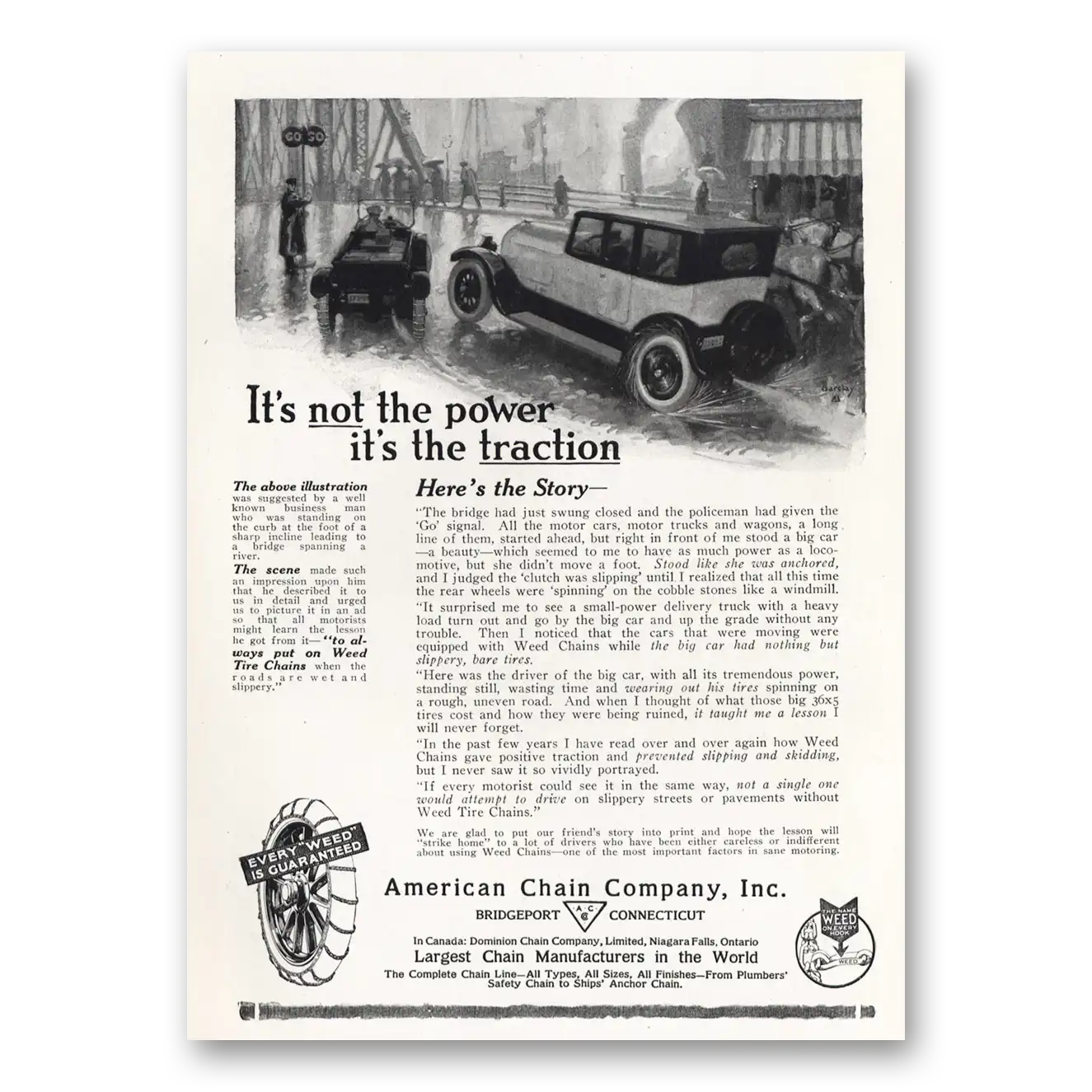 1919 American Chain Company Not the Power Its the Traction Vintage Magazine Print Ad