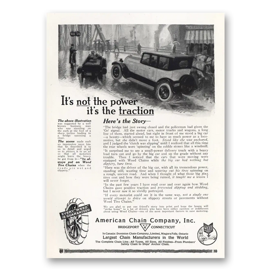 1919 American Chain Company Not the Power Its the Traction Vintage Magazine Print Ad