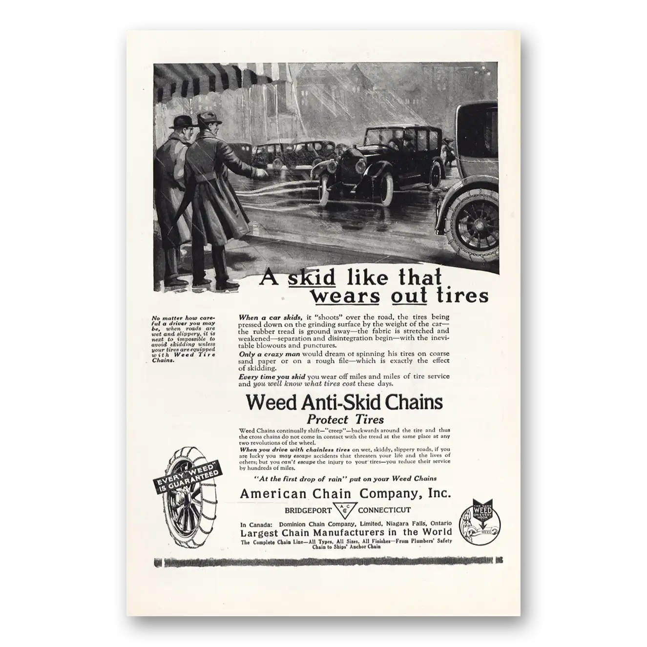 1919 American Chain Company Skid Like That Wears Out Tires Vintage Magazine Print Ad