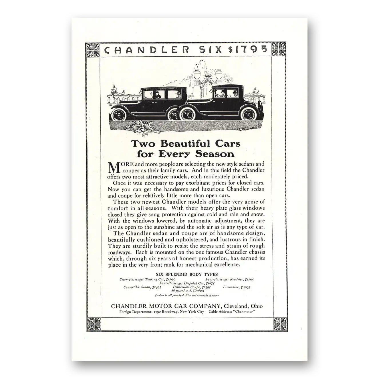 1919 Chandler Six Two Beautiful Cars Every Season Vintage Magazine Print Ad