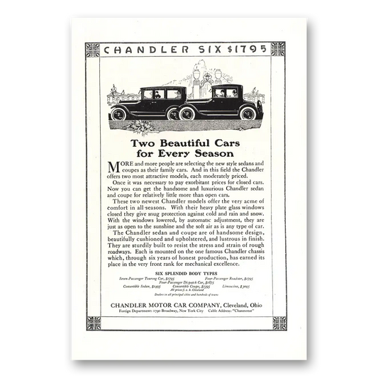 1919 Chandler Six Two Beautiful Cars Every Season Vintage Magazine Print Ad