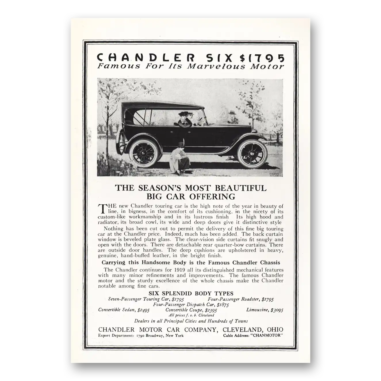 1919 Chandler Six Most Beautiful Big Car Vintage Magazine Print Ad