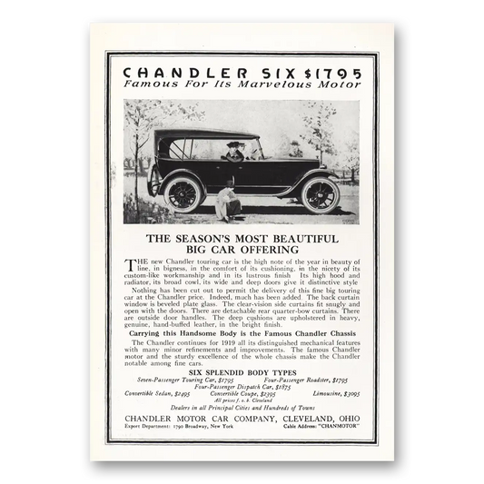 1919 Chandler Six Most Beautiful Big Car Vintage Magazine Print Ad