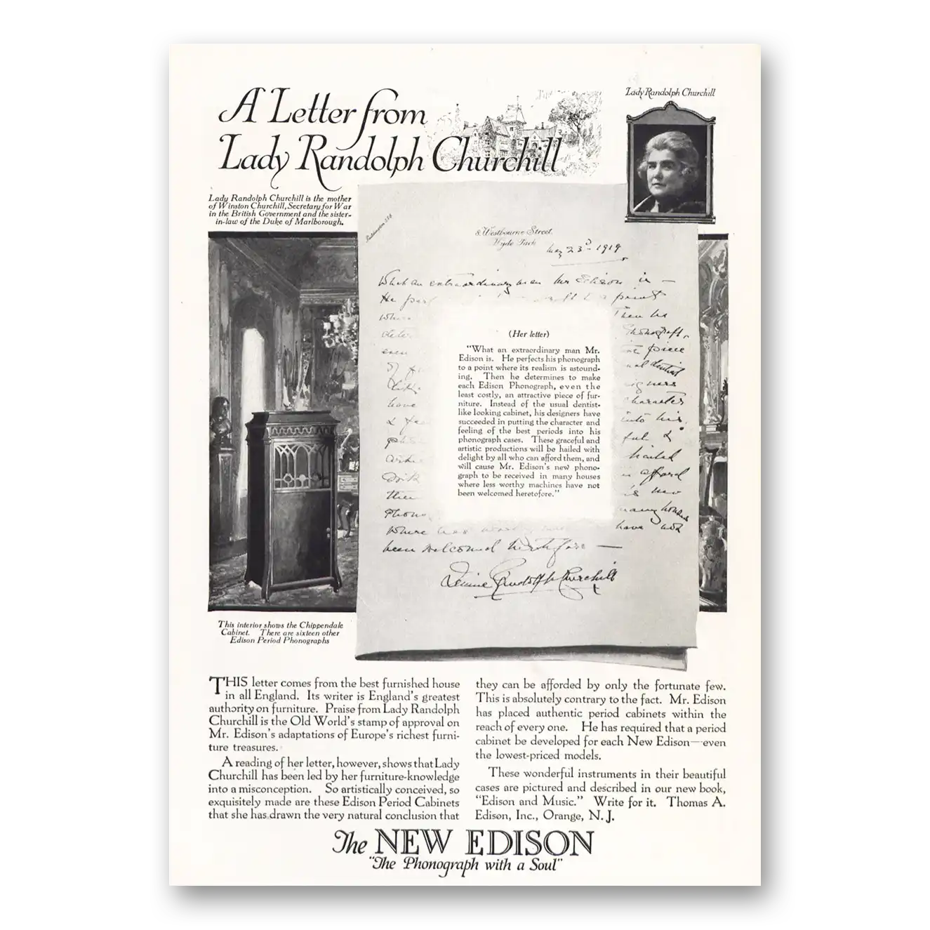 1919 Edison Phonograph Letter From Lady Randolph Churchill Vintage Magazine Print Ad