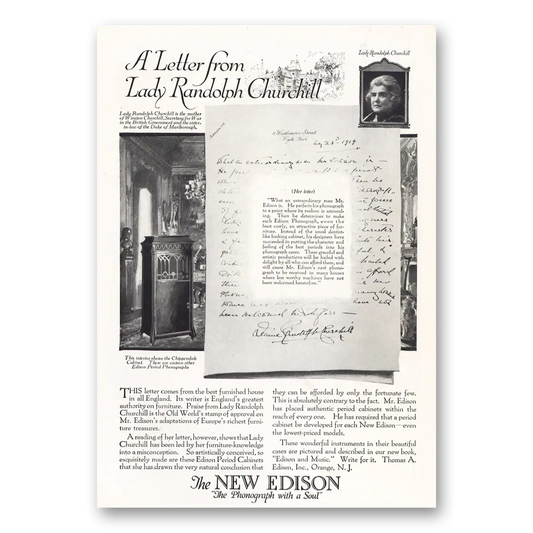 1919 Edison Phonograph Letter From Lady Randolph Churchill Vintage Magazine Print Ad