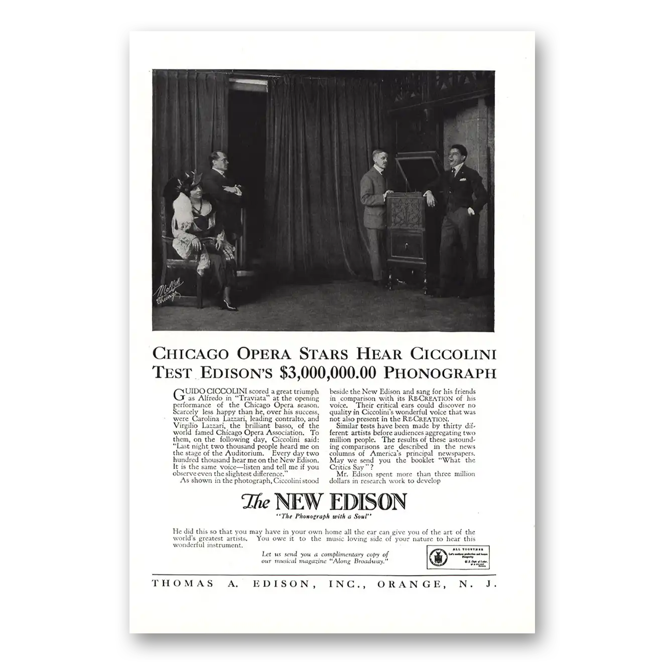 1919 Edison Phonograph New Edison Chicago Opera Stars Ciccolini Vintage Magazine Print Ad