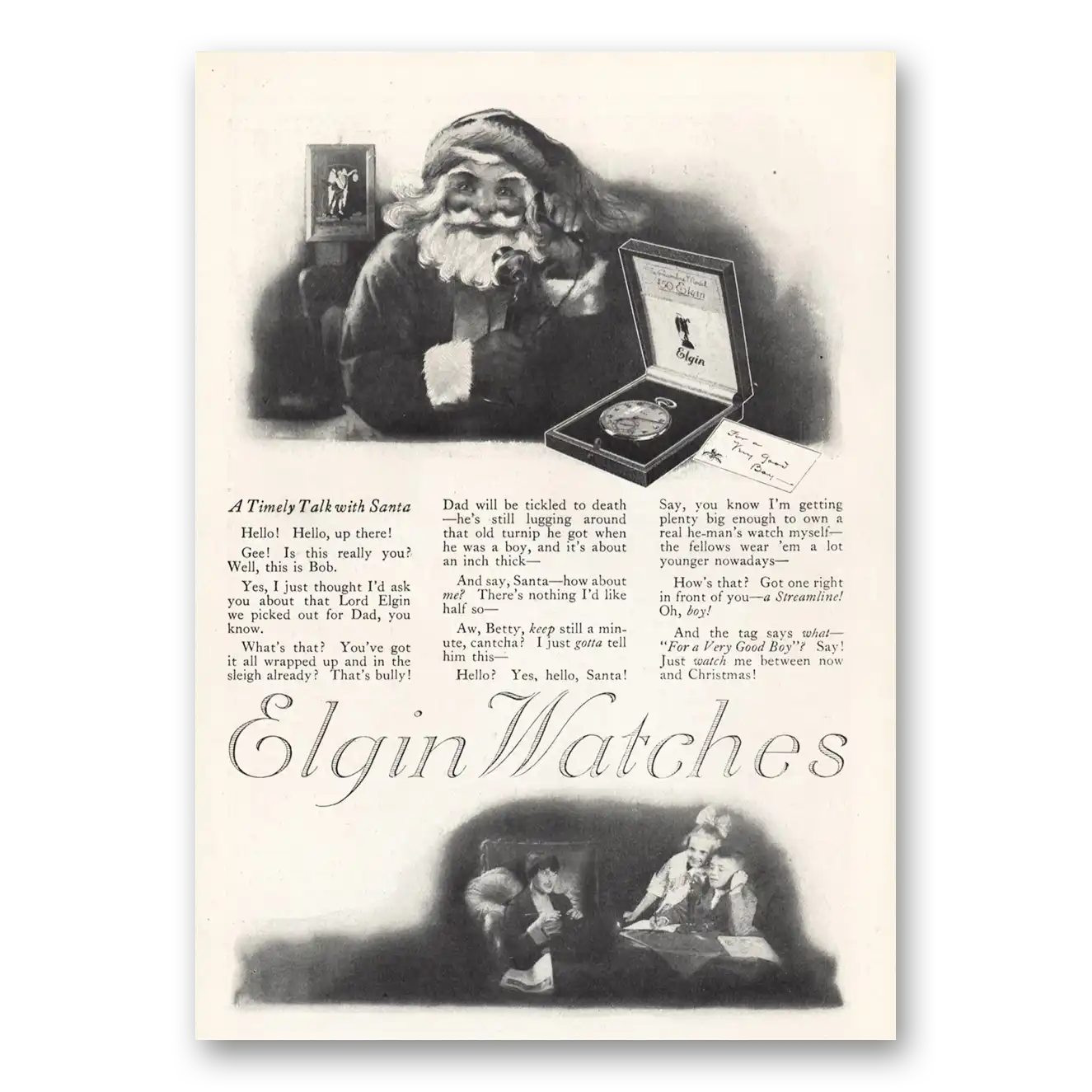 1919 Elgin Watch Timely Talk With Santa Vintage Magazine Print Ad