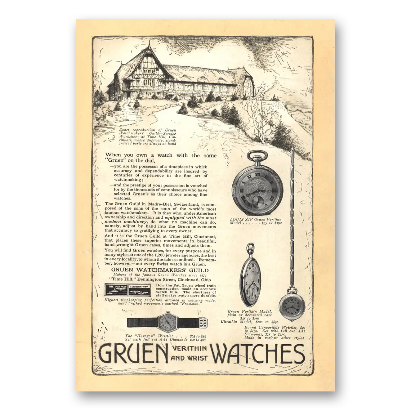 1919 Gruen Veri Thin Watch Time Hill Cincinnati Vintage Magazine Print Ad