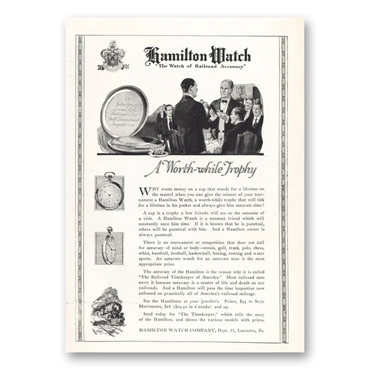 1919 Hamilton Watch Worth While Trophy Vintage Magazine Print Ad