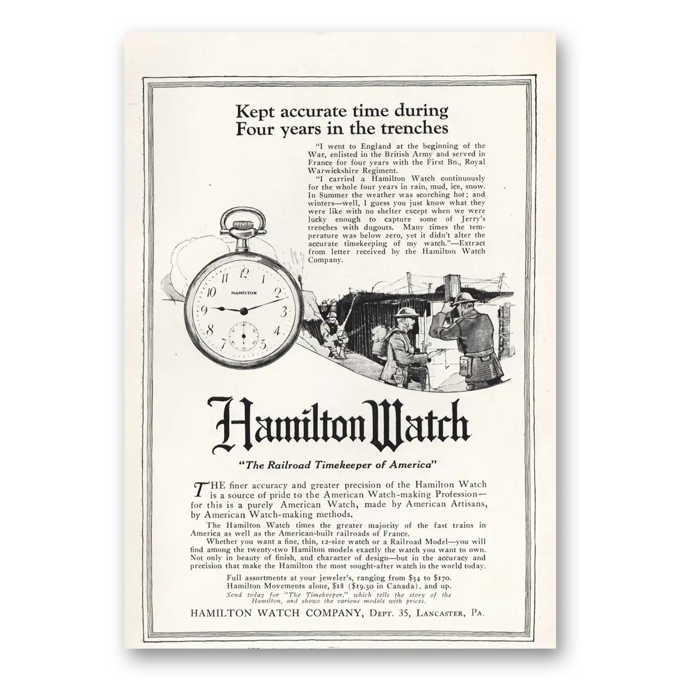 1919 Hamilton Watch Kept Accurate Time During Four Years In the Trenches Vintage Magazine Print Ad