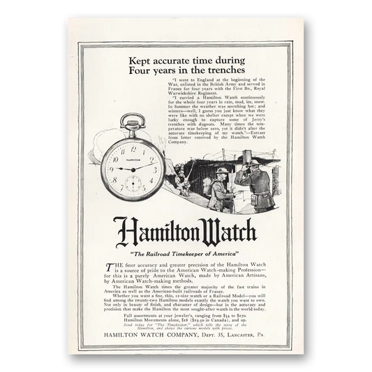 1919 Hamilton Watch Kept Accurate Time During Four Years In the Trenches Vintage Magazine Print Ad