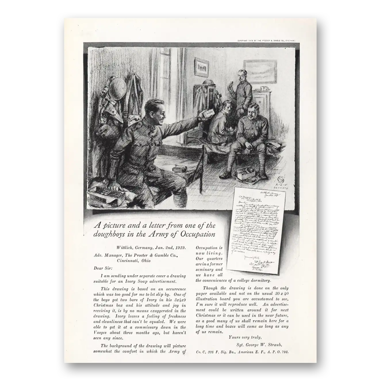 1919 Ivory Soap Picture and Letter Doughboys Army of Occupation Vintage Magazine Print Ad