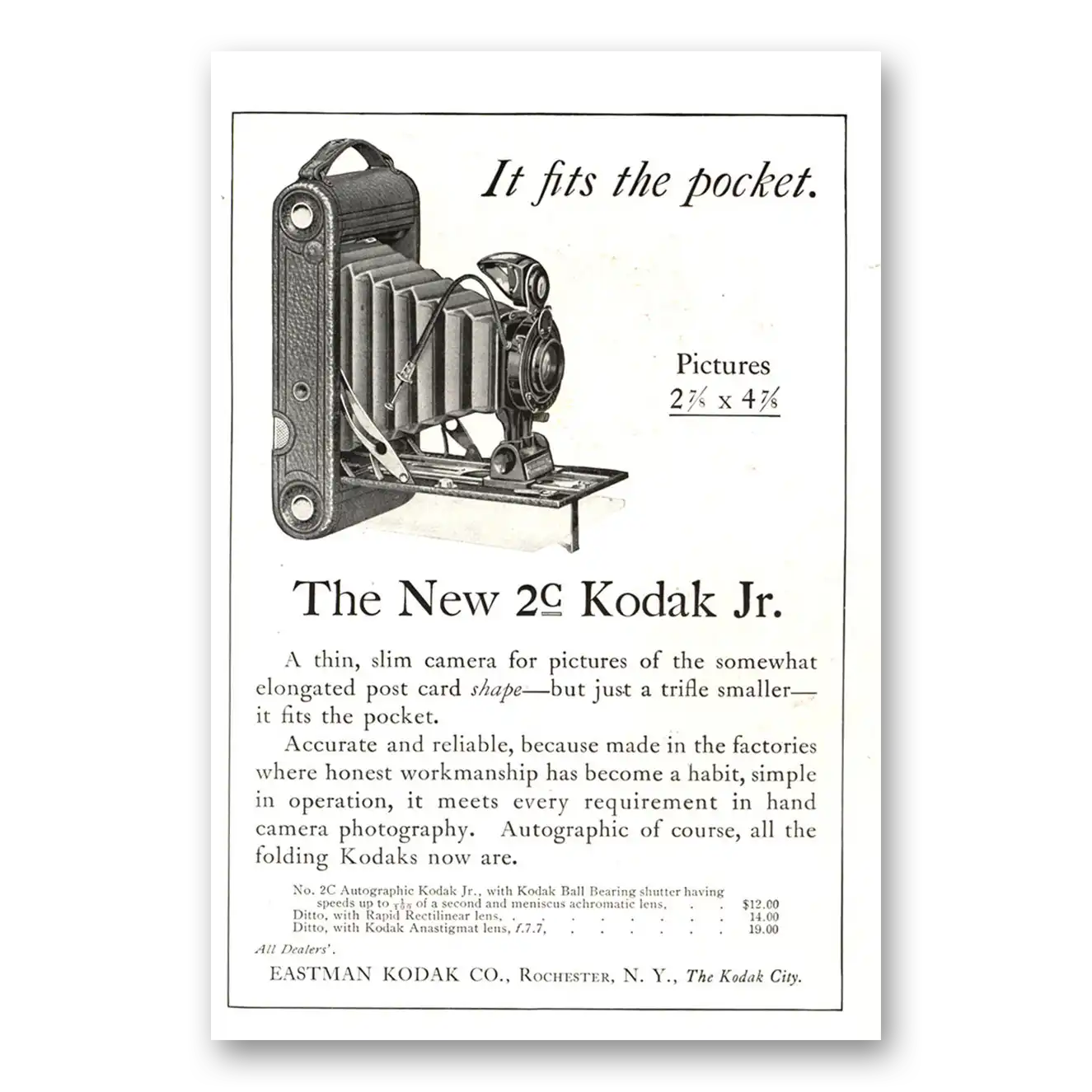 1919 Kodak Autographic Camera Fits the Pocket Vintage Magazine Print Ad