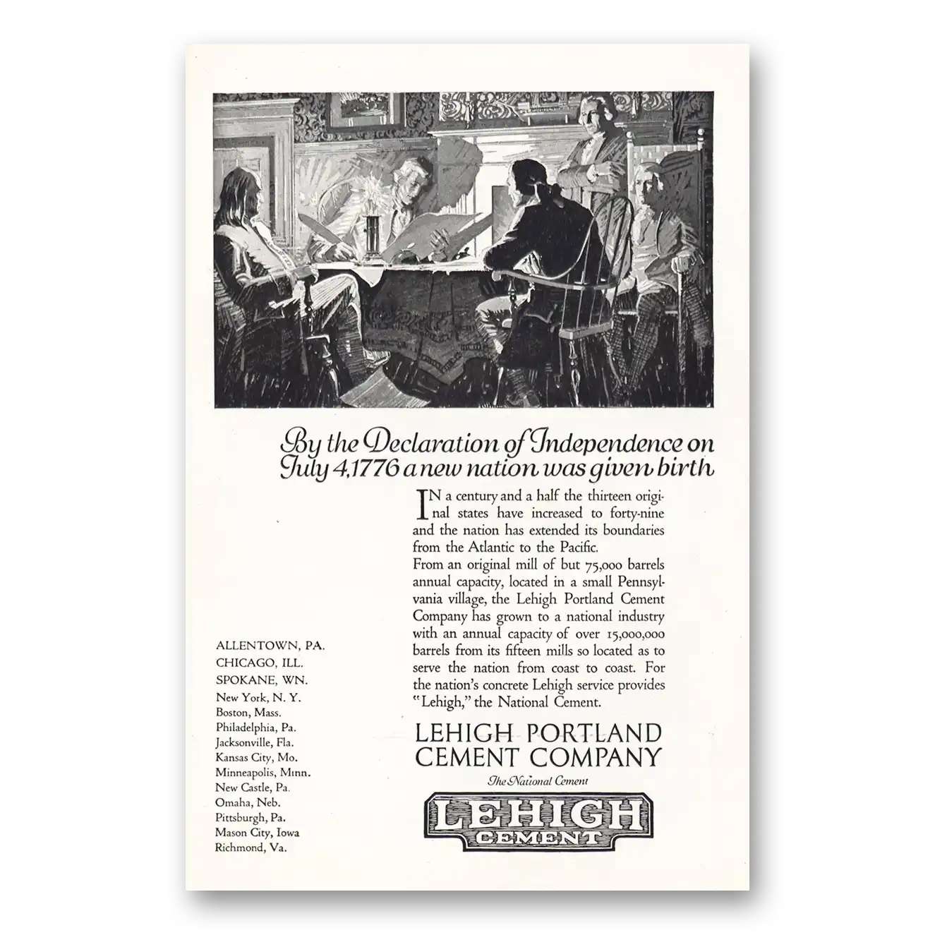 1919 Lehigh Cements Declaration of Independence Vintage Magazine Print Ad