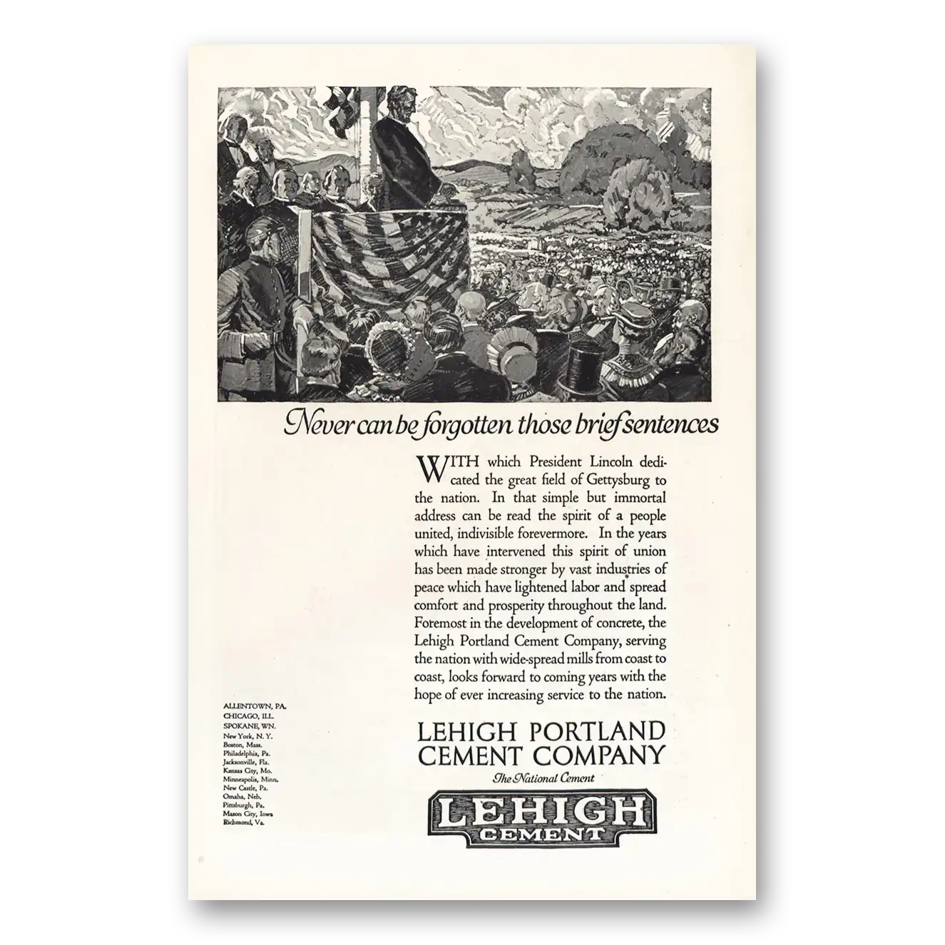 1919 Lehigh Cements Never Can Be Forgotten Vintage Magazine Print Ad