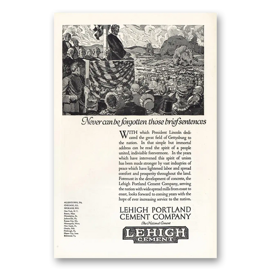 1919 Lehigh Cements Never Can Be Forgotten Vintage Magazine Print Ad