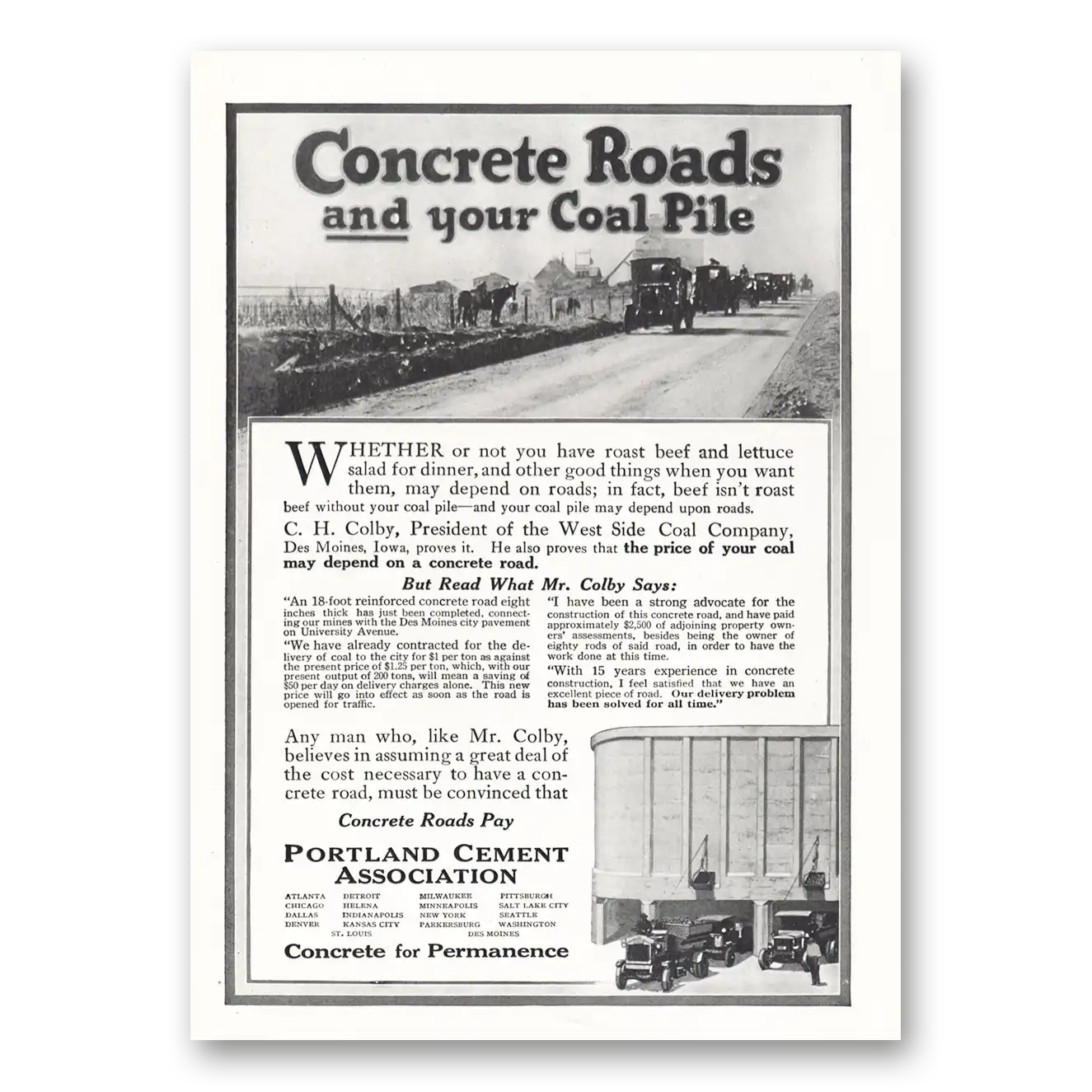 1919 Portland Cement Concrete Roads Your Coal Pile Vintage Magazine Print Ad