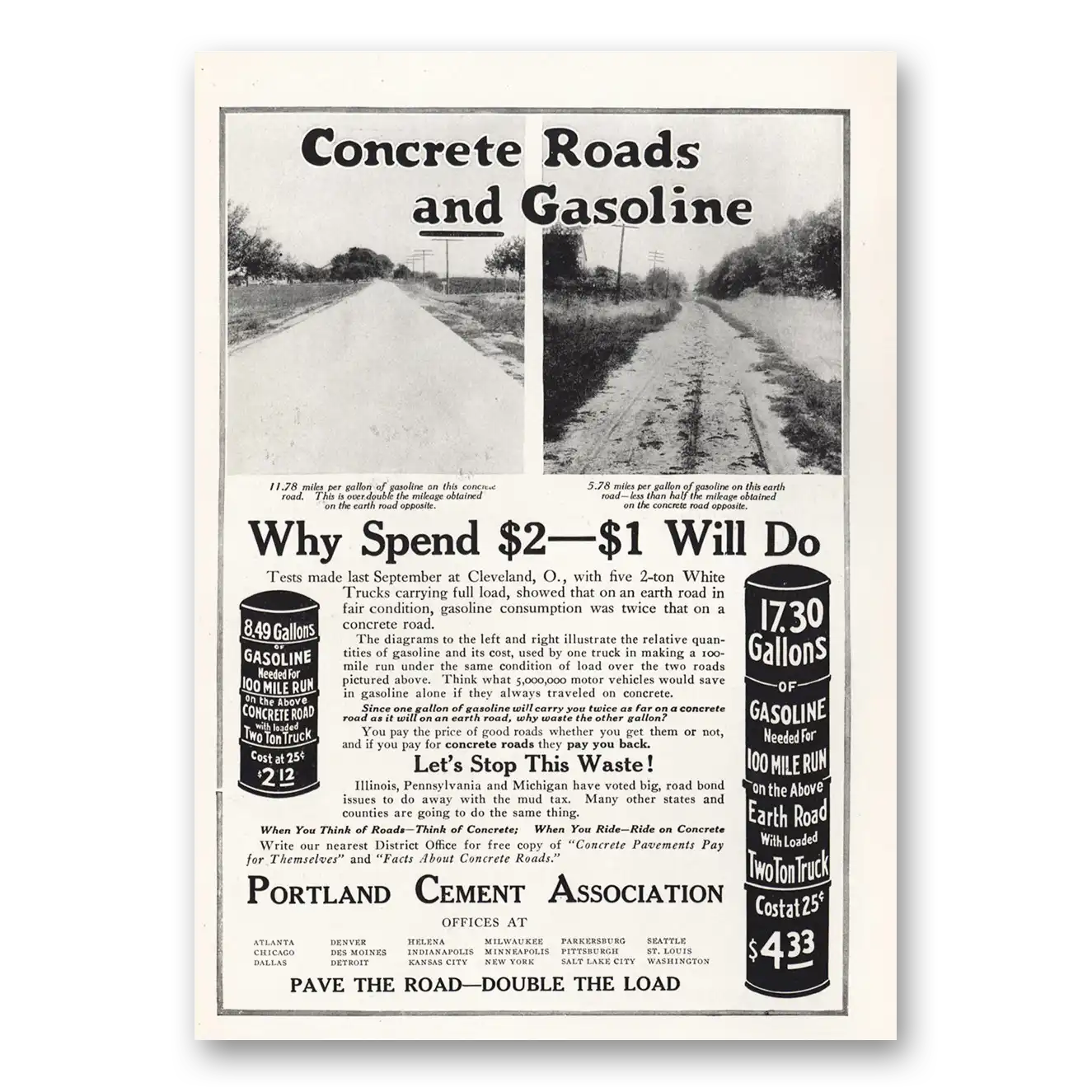 1919 Portland Cement Concrete Roads and Gasoline Vintage Magazine Print Ad