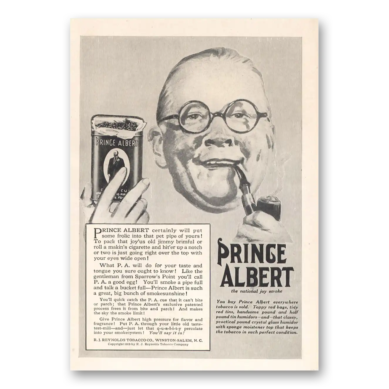 1919 Prince Albert Tobacco Some Frolic Into That Pet Pipe Vintage Magazine Print Ad