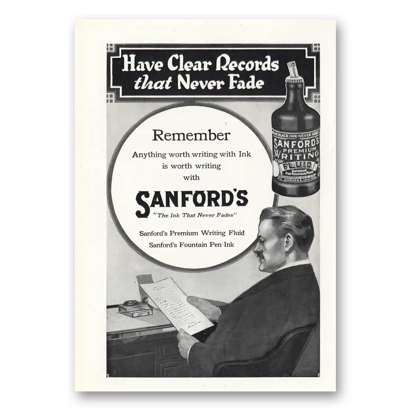 1919 Sanfords Ink Have Clear Records That Never Fade Vintage Magazine Print Ad