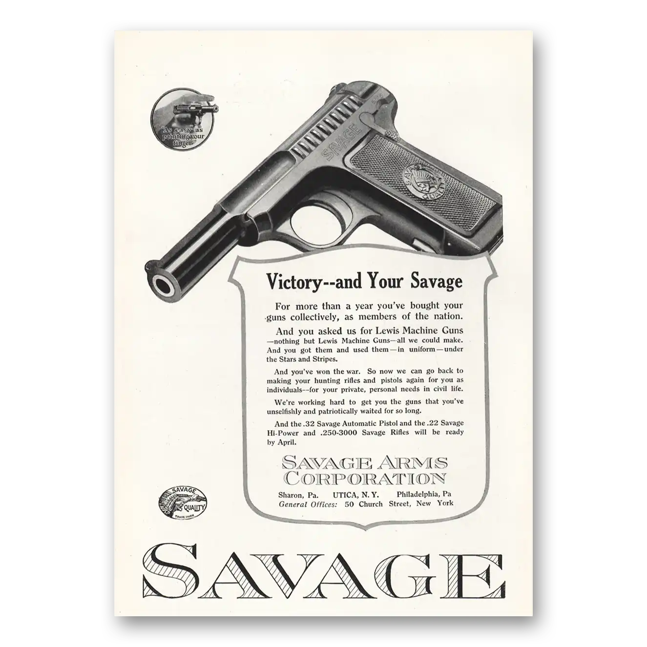 1919 Savage Arms Victory and Your Savage Vintage Magazine Print Ad