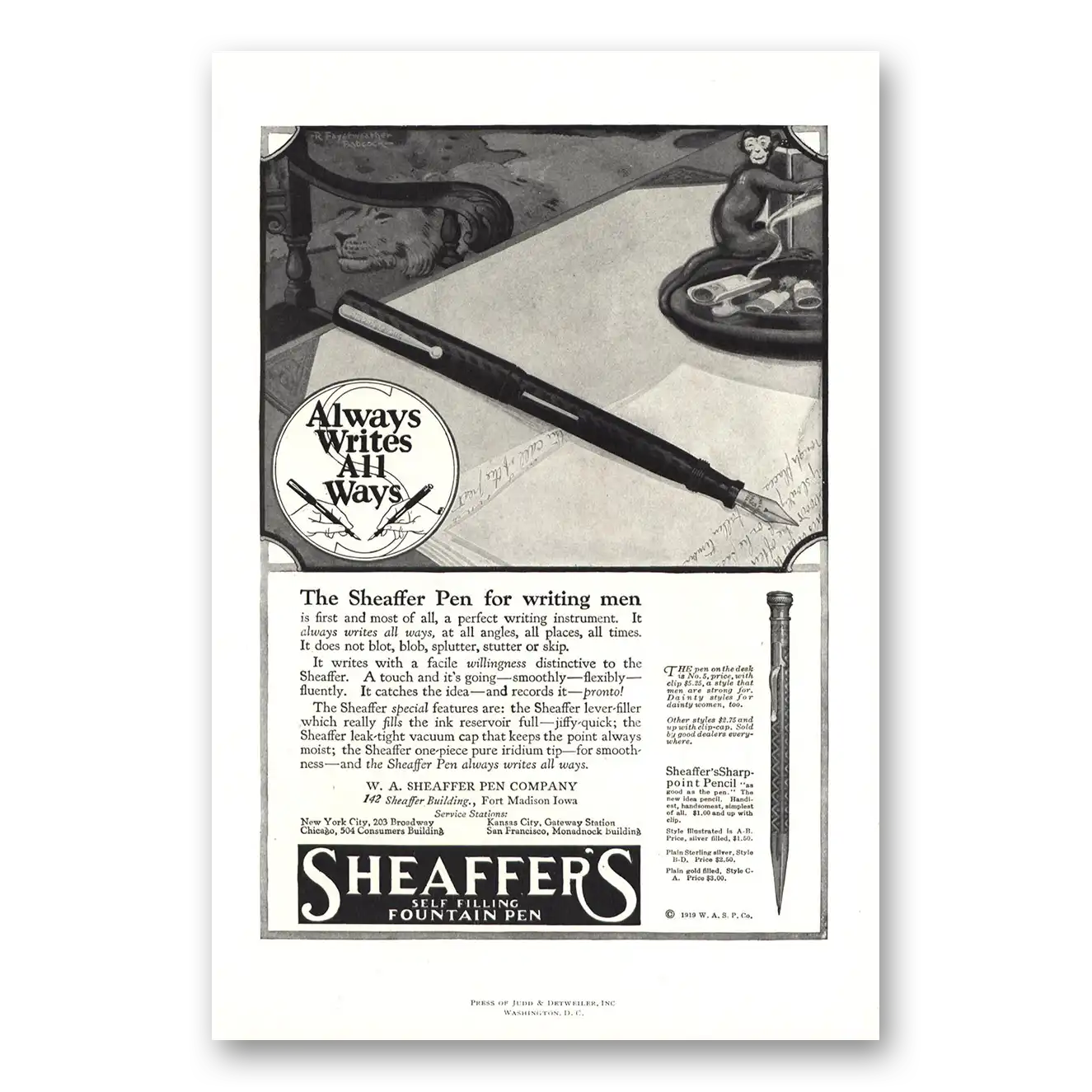 1919 Sheaffers Fountain Pen Always Writes All Ways Vintage Magazine Print Ad