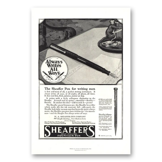 1919 Sheaffers Fountain Pen Always Writes All Ways Vintage Magazine Print Ad