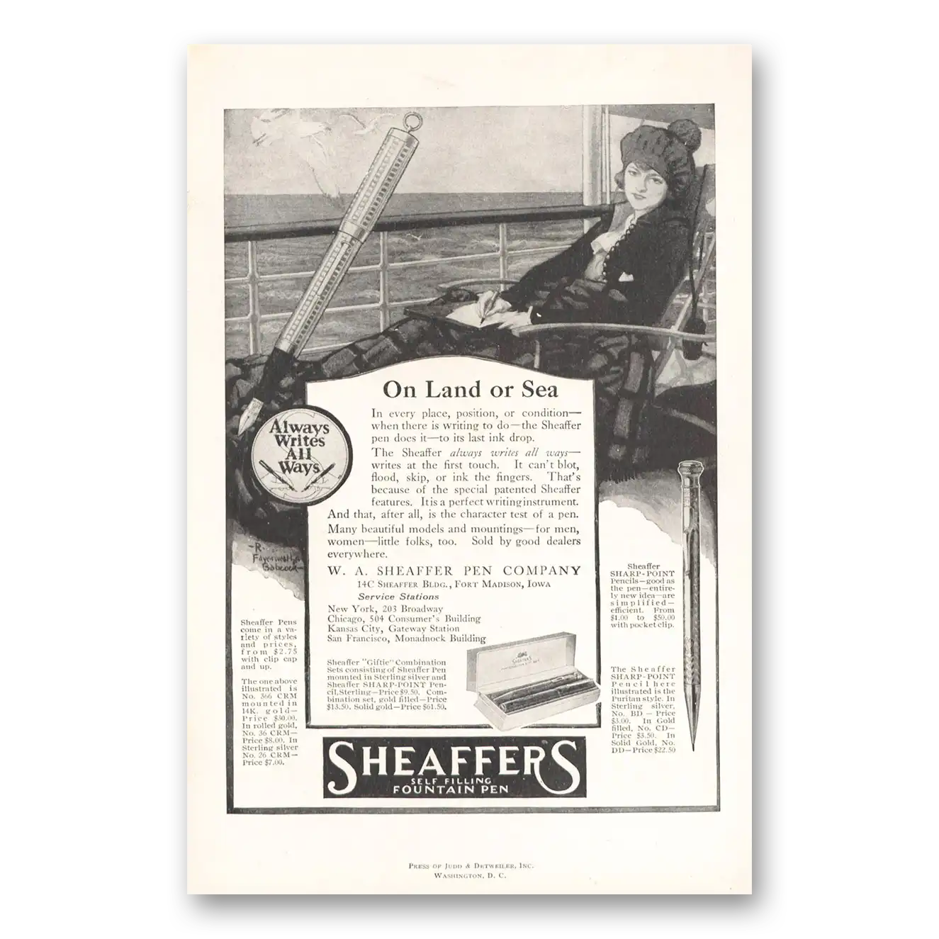 1919 Sheaffers Fountain Pen On Land or Sea Vintage Magazine Print Ad