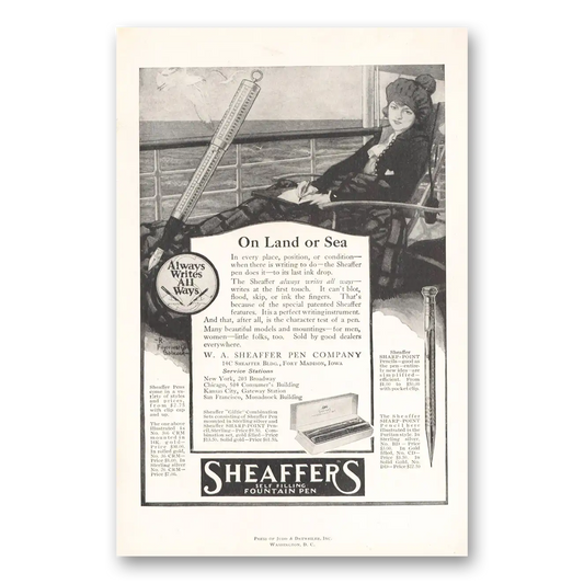 1919 Sheaffers Fountain Pen On Land or Sea Vintage Magazine Print Ad