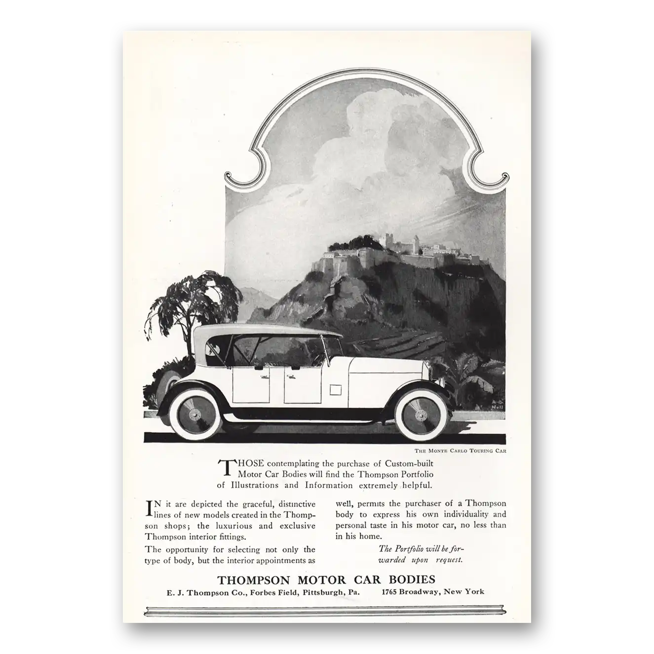 1919 Thompson Motor Car Bodies Coach Work Monte Carlo Touring Car Vintage Magazine Print Ad