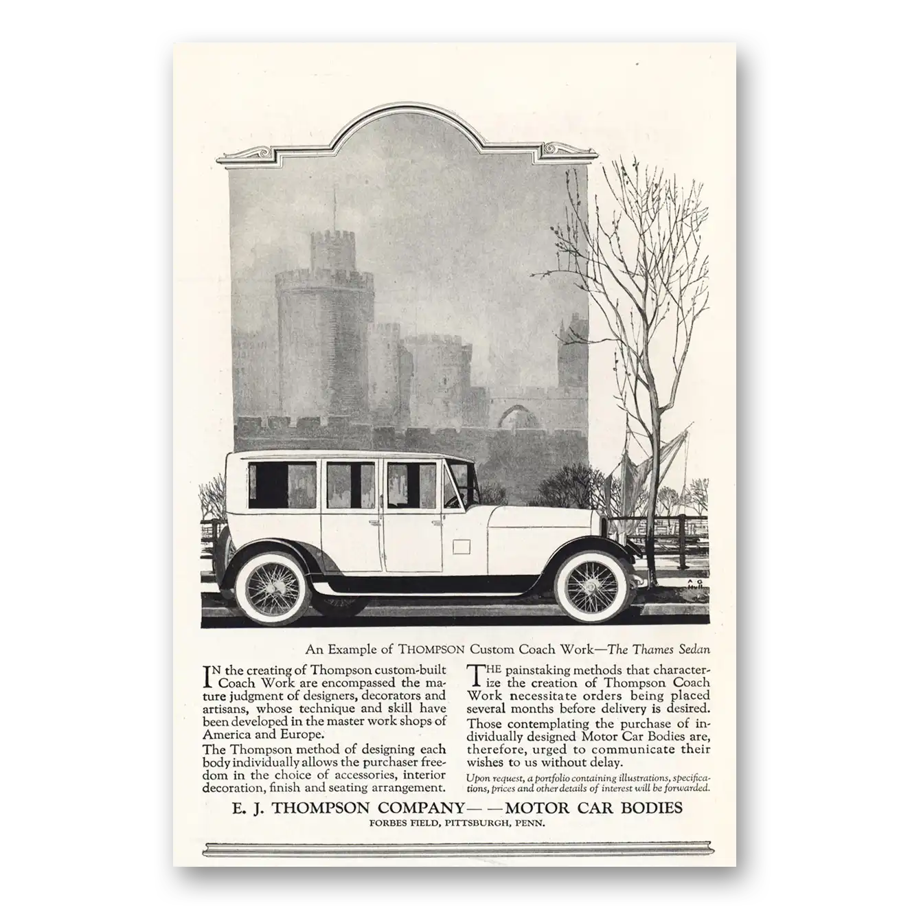 1919 Thompson Motor Car Bodies Coach Work Thames Sedan Vintage Magazine Print Ad