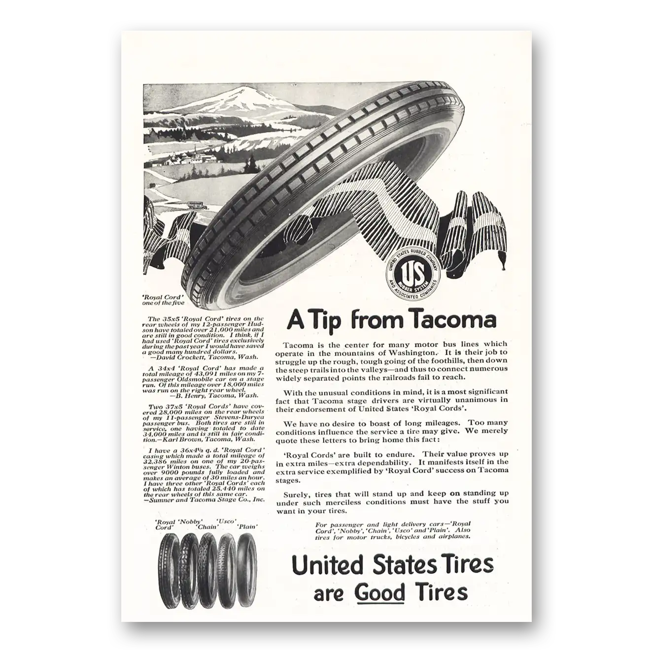 1919 US Tires Tip From Tacoma Vintage Magazine Print Ad