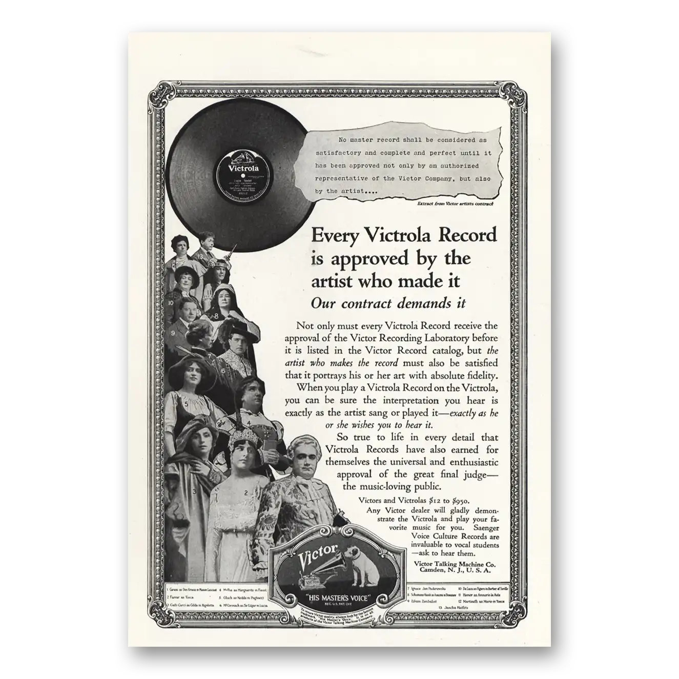 1919 Victor Records Approved By the Artist Vintage Magazine Print Ad