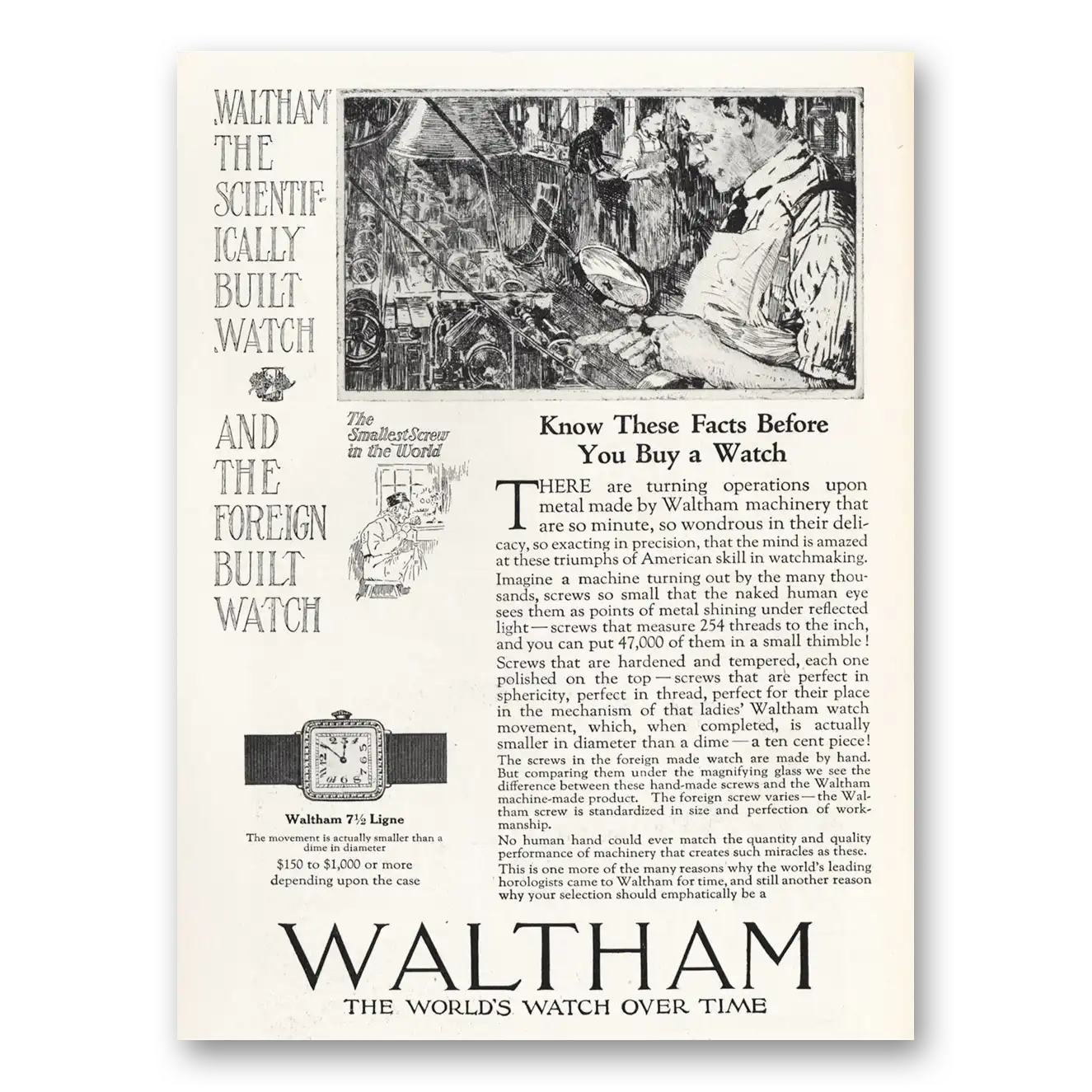 1919 Waltham Watch Turning Operations Upon Metal Vintage Magazine Print Ad