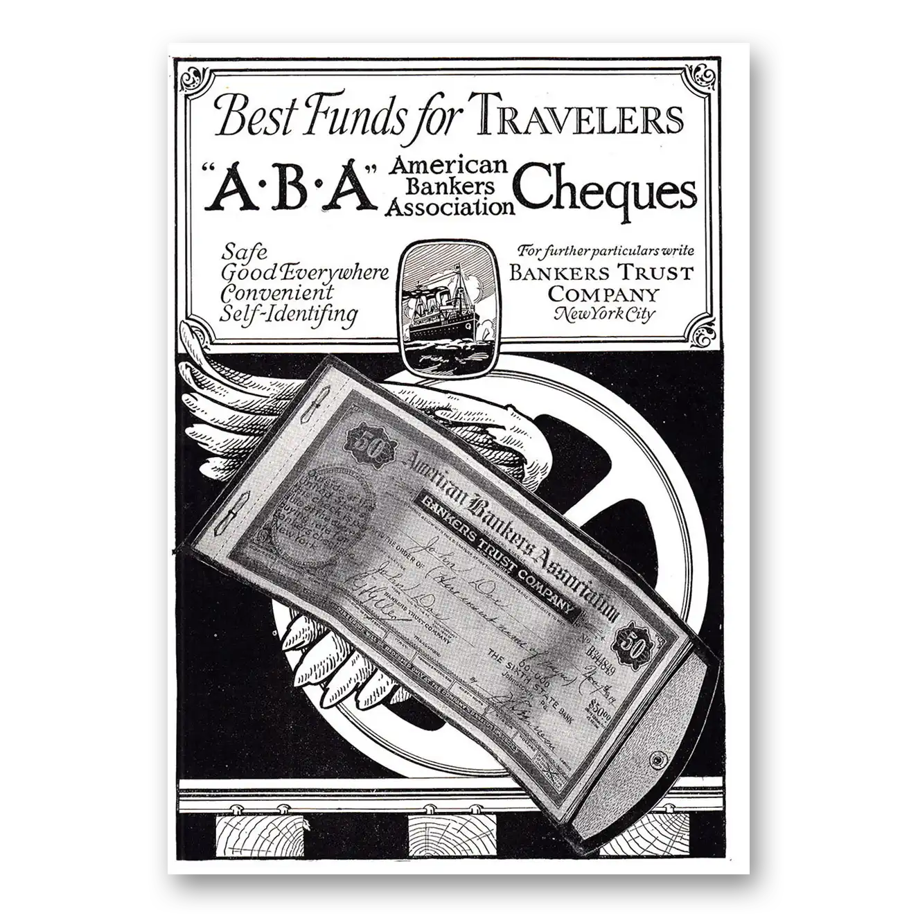 1920 ABA Cheques Best Funds for Travelers Vintage Magazine Print Ad