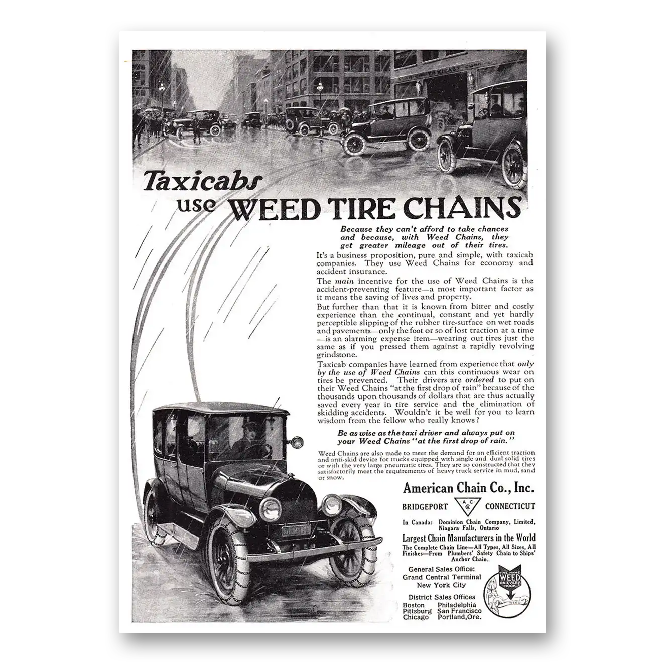 1920 American Chain Company Taxicabs Use Weed Tire Chains Vintage Magazine Print Ad