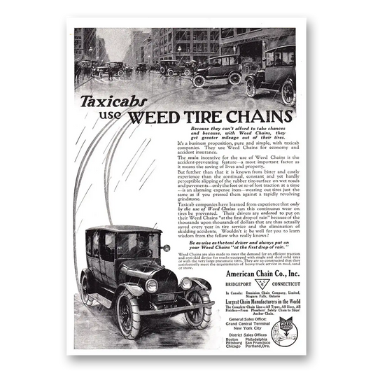 1920 American Chain Company Taxicabs Use Weed Tire Chains Vintage Magazine Print Ad