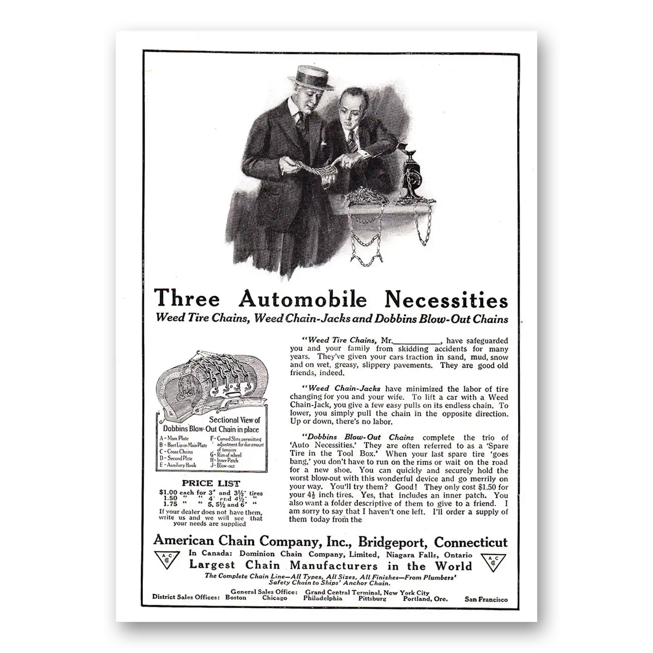 1920 American Chain Company Three Automobile Necessities Vintage Magazine Print Ad