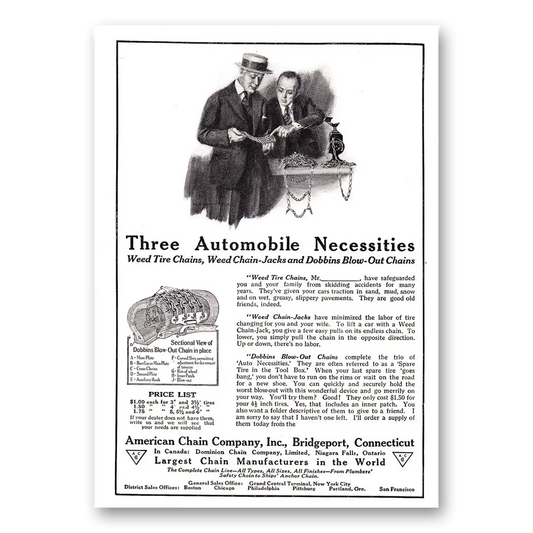 1920 American Chain Company Three Automobile Necessities Vintage Magazine Print Ad