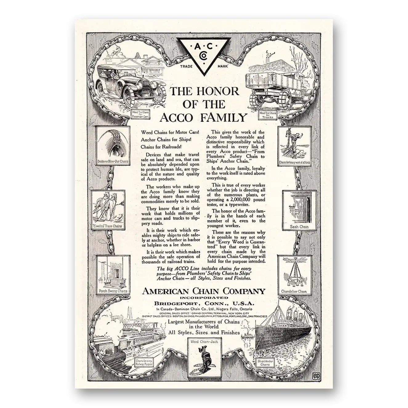 1920 American Chain Company Honor of the Acco Family Vintage Magazine Print Ad