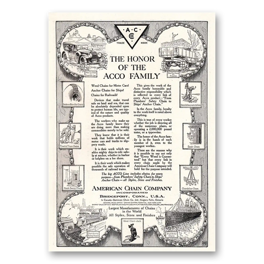 1920 American Chain Company Honor of the Acco Family Vintage Magazine Print Ad