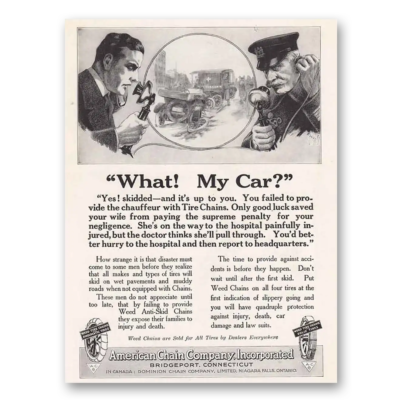 1920 American Chain Company What My Car Yes Skidded Vintage Magazine Print Ad